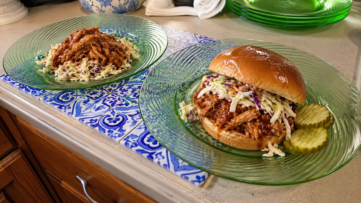 BBQ pulled chicken two ways: a small portion over coleslaw with no bun, and a full brioche sandwich with pickles
